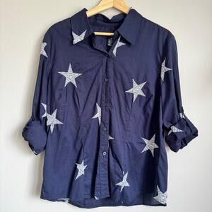 Norton McNaughton Top Size 12 Blue Button Down Embroidered Stars Patriotic